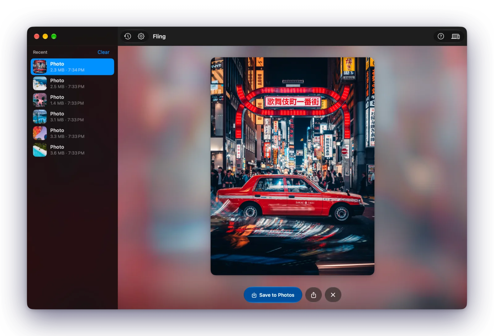 Fling on Mac showing a received photo of a Tokyo street, with recent items in the sidebar