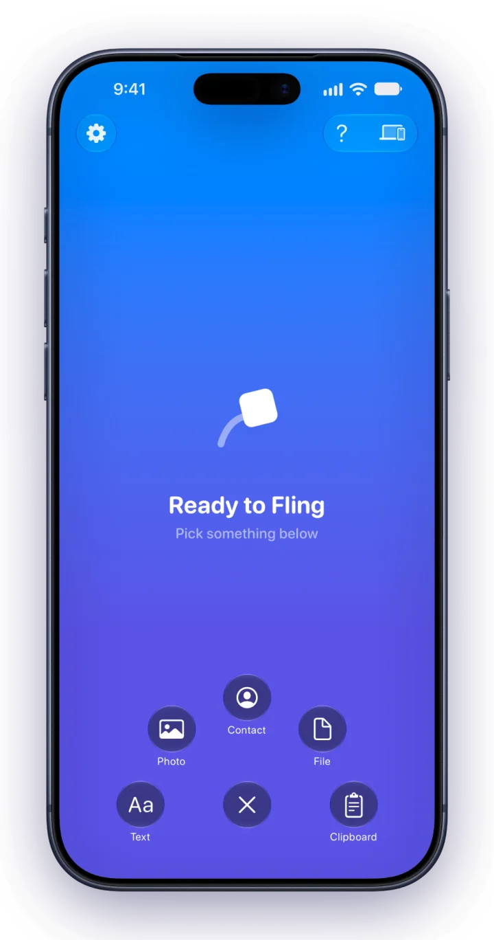 Fling's menu with Photo, Contact, File, Text and Clipboard options